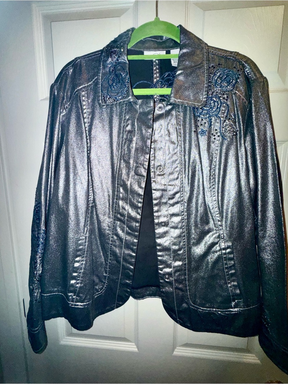 Chico's Metallic Silver Embroidered Jean Jacket